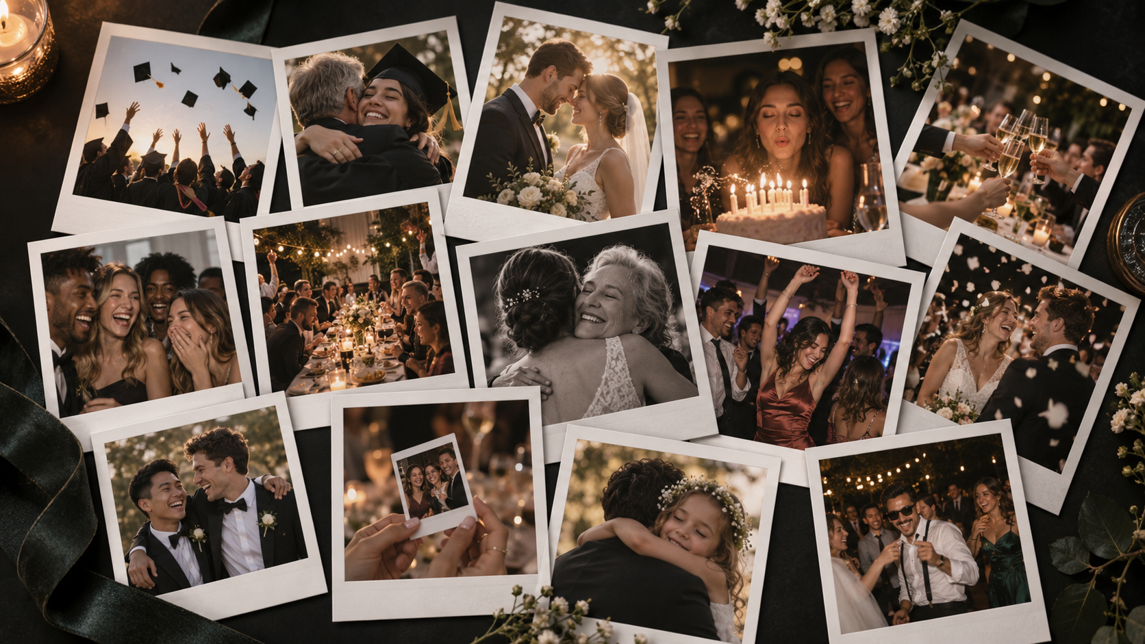 Polaroid prints of weddings, graduations and birthdays